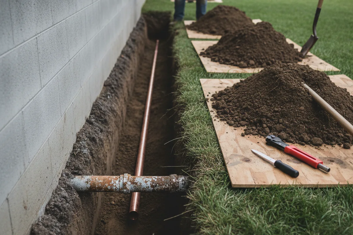 Excavated water line trench during Water Softener Installation in Okeana